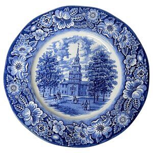 Liberty Blue Staffordshire Ironstone Dinner Plate Independence Hall England VTG